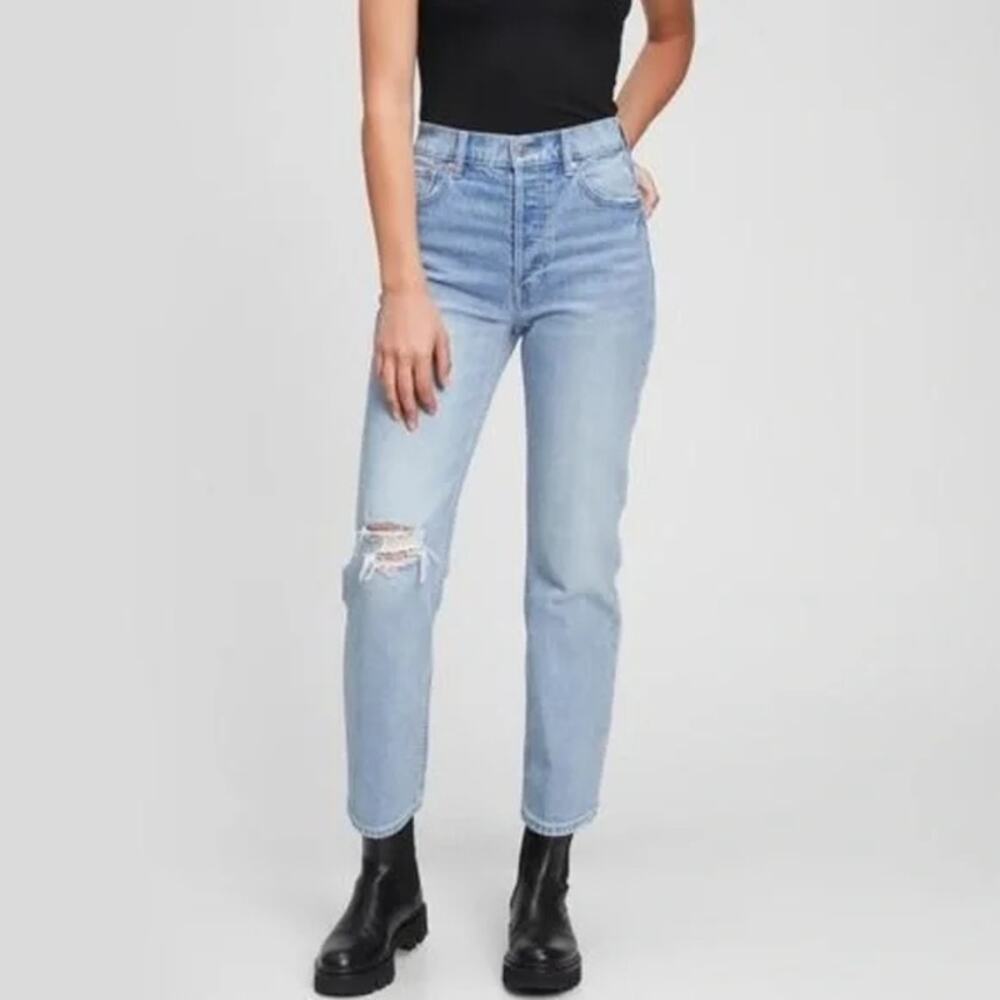 Gap Womens High Rise Cheeky Straight Jeans Plus Size 18 Light Wash Distressed‎
